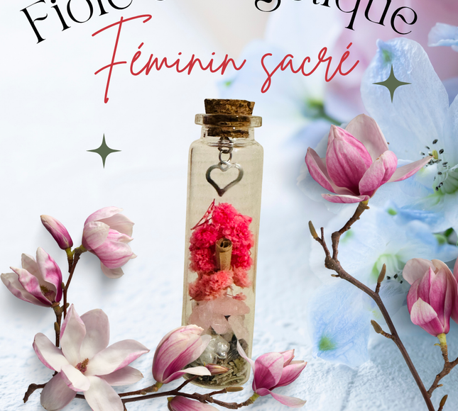 Fiole du Féminin Sacré en verre avec pierre de lune et quartz rose