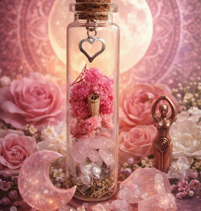 Fiole du Féminin Sacré en verre avec Pierre de Lune et Quartz Rose