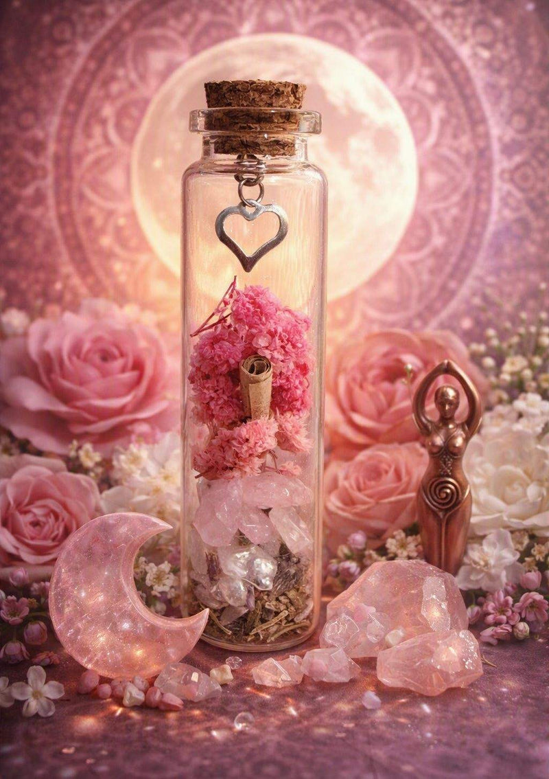 Fiole du Féminin Sacré en verre avec Pierre de Lune et Quartz Rose