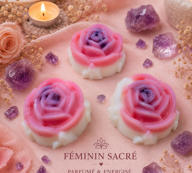 Fondant Améthyste en cire rose et blanche, moulés en forme de roses avec des inclusions violettes façon pierre naturelle.