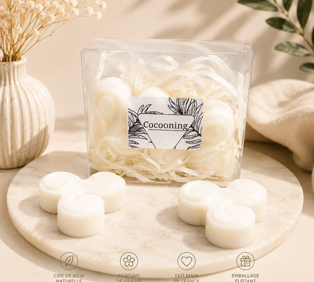 Fondant Cocooning en cire végétale ivoire, moulé en petites formes rondes et présenté dans une boîte transparente.
