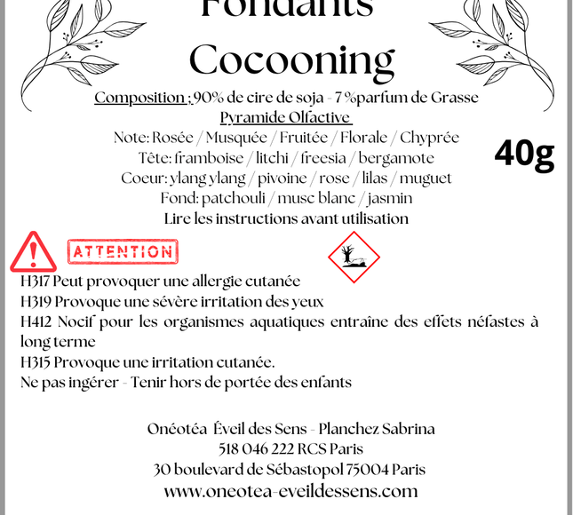 Étiquette de Fondant Cocooning blanc et noir, avec composition parfumée, notes olfactives, avertissements et poids de 40 g.