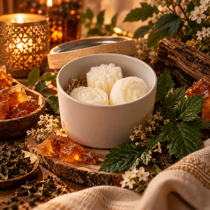 Fondants Ambre Patchouli en cire ivoire, moulés en roses et fleurs, présentés dans un pot rond clair avec couvercle en bois.