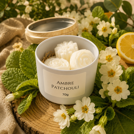 Fondants Ambre Patchouli blancs en forme de roses, présentés dans un pot crème à étiquette ambrée et patchouli