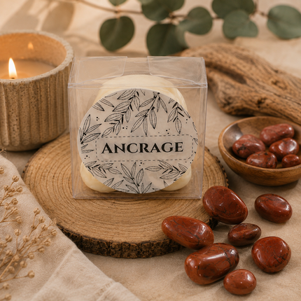 Fondants Ancrage en cire beige dans un emballage transparent, étiquette illustrée de feuilles et pierres rouges