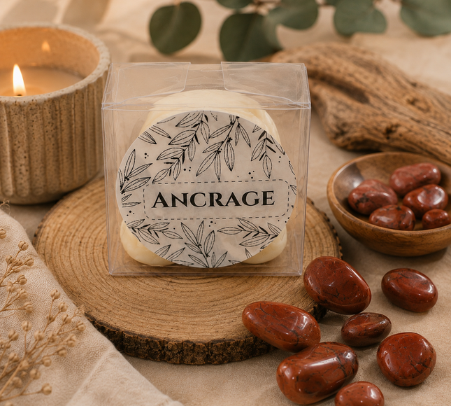 Fondants Ancrage en cire beige dans un emballage transparent, étiquette illustrée de feuilles et pierres rouges