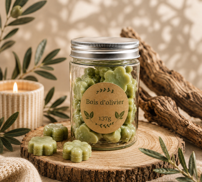 Fondants Bois d'Olivier en cire vert olive, présentés en pastilles moulées dans un bocal transparent à couvercle métallique
