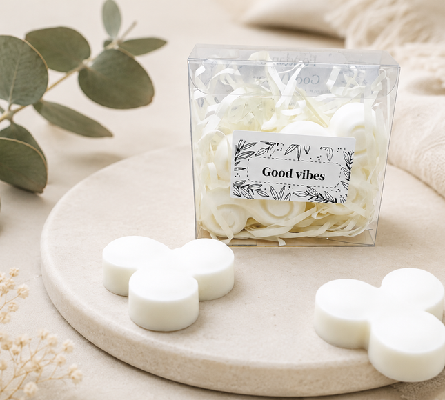 Fondants Good Vibes en cire blanche, présentés en formes de fleurs dans une boîte transparente avec étiquette décorative.