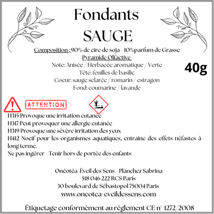 Fondants Sauge, cire de soja en morceaux parfumés, présentés sur une étiquette blanche aux motifs botaniques et aromatiques.