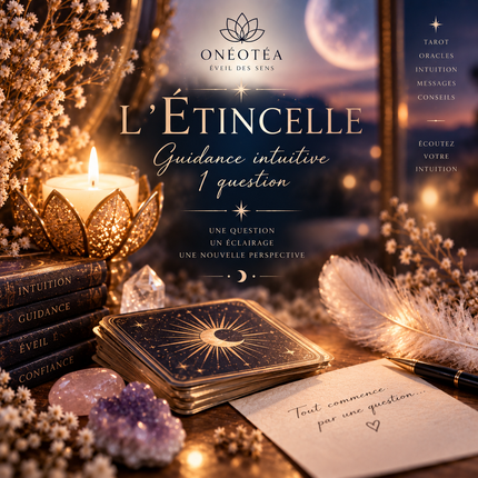 Visuel de guidance intuitive illustré d’un jeu de tarot noir et or, d’une bougie allumée et d’une lettre manuscrite.