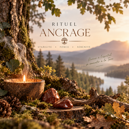 Rituel ancrage illustré par une bougie allumée dans un bol de pierre, des jaspe rouge et des éléments naturels