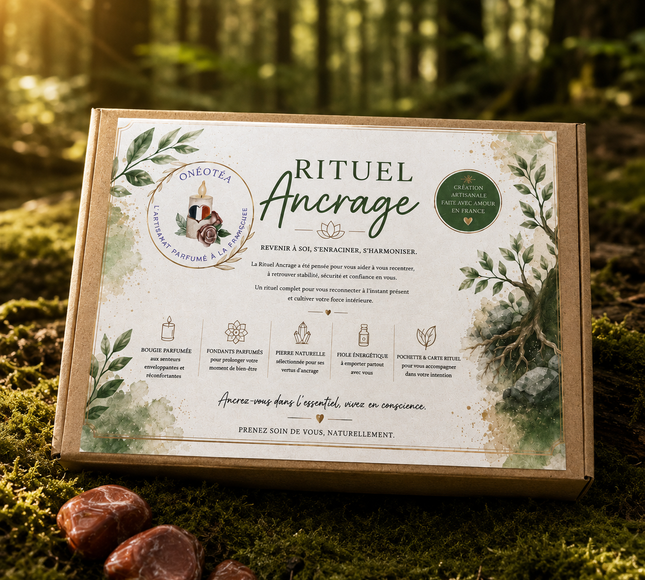 Rituel ancrage, coffret artisanal en carton brun avec étiquette crème illustrée de feuillages et détails verts