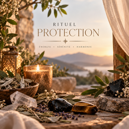 Rituel Protection illustré par des pierres naturelles, une bougie allumée, des herbes et des fleurs séchées