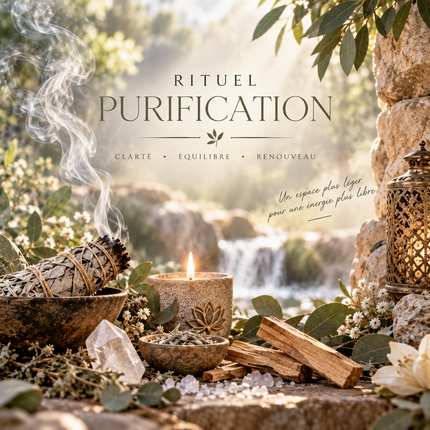 Rituel Purification avec fagot de sauge fumant, bougie allumée, cristal et bois dans une composition naturelle